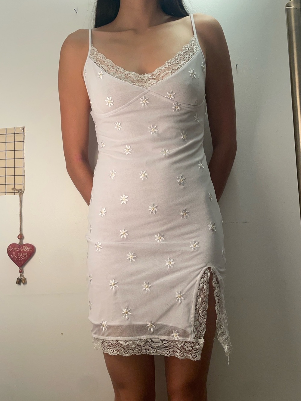 White Lace-Trim Slip Dress with Floral Embroidery